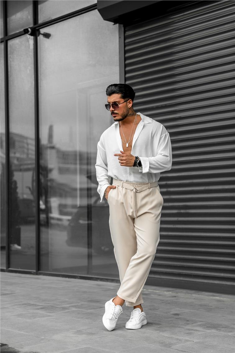 Beli Kuşaklı Basic Mom Pantolon Bej