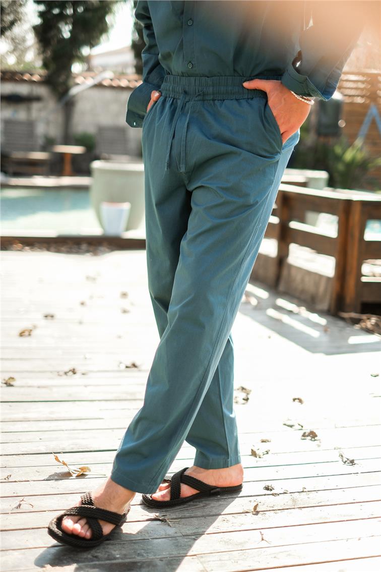 Beli Lastikli Basic Boyfriend Pantolon Petrol Mavisi