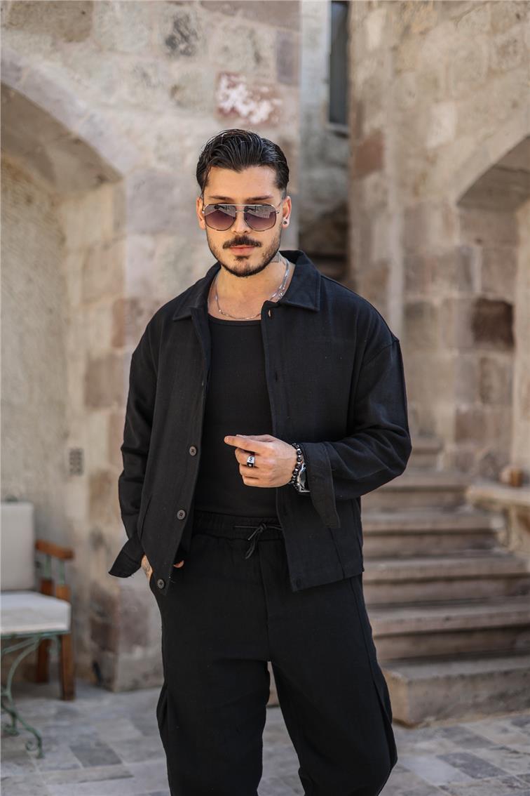 Beli Lastikli Cepli Oversize Ceket/Gömlek Siyah