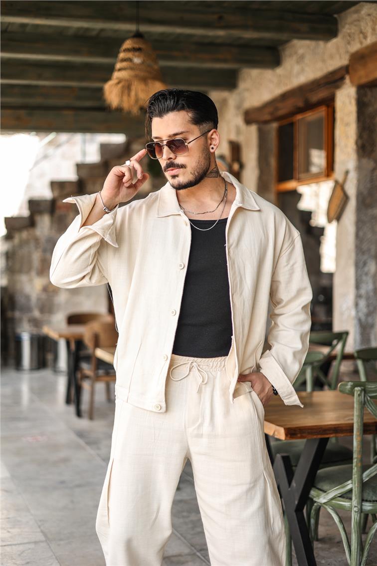 Beli Lastikli Cepli Oversize Ceket/Gömlek Bej