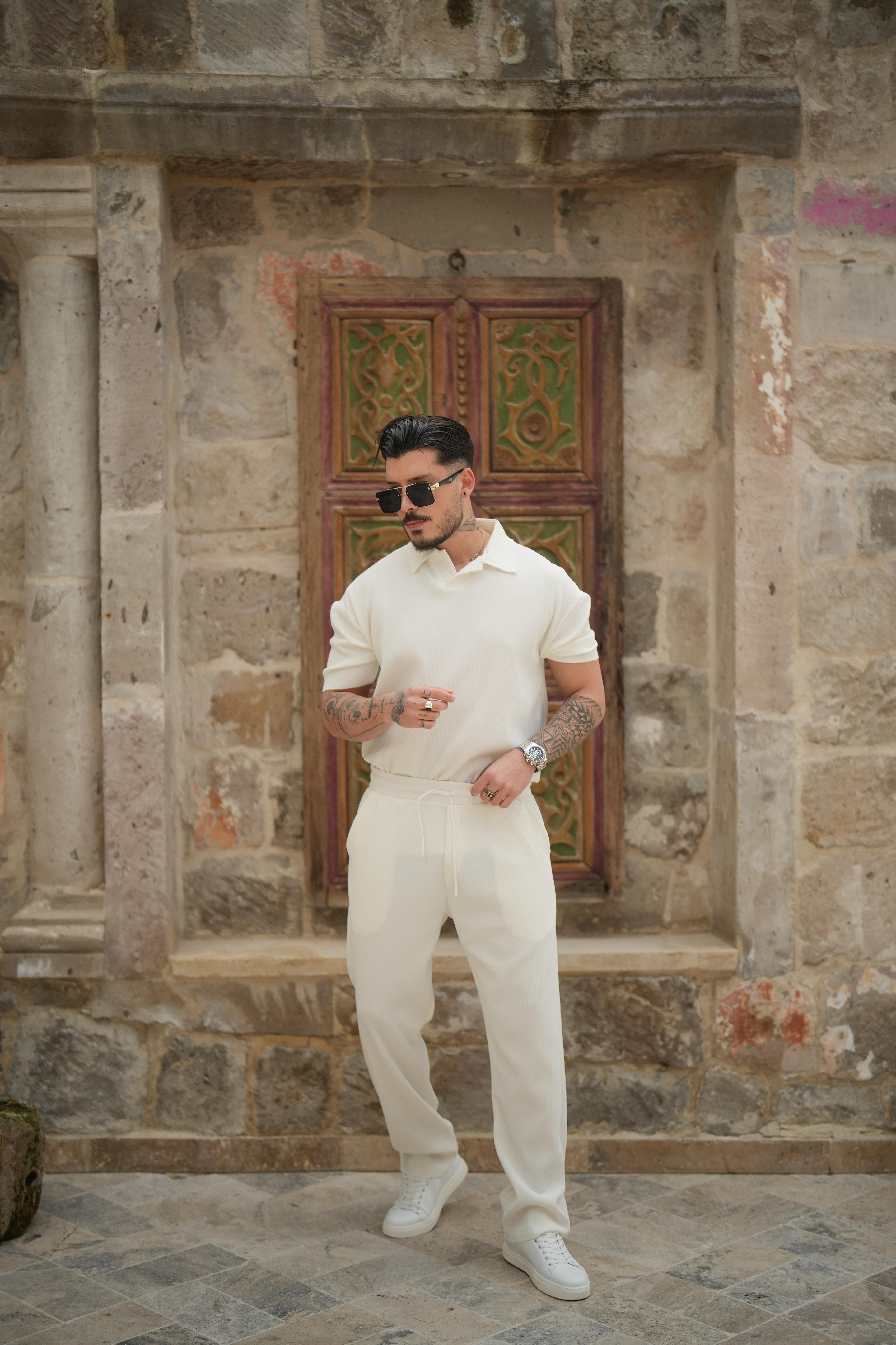 Beli Lastikli Fitilli Baggy Pantolon Beyaz