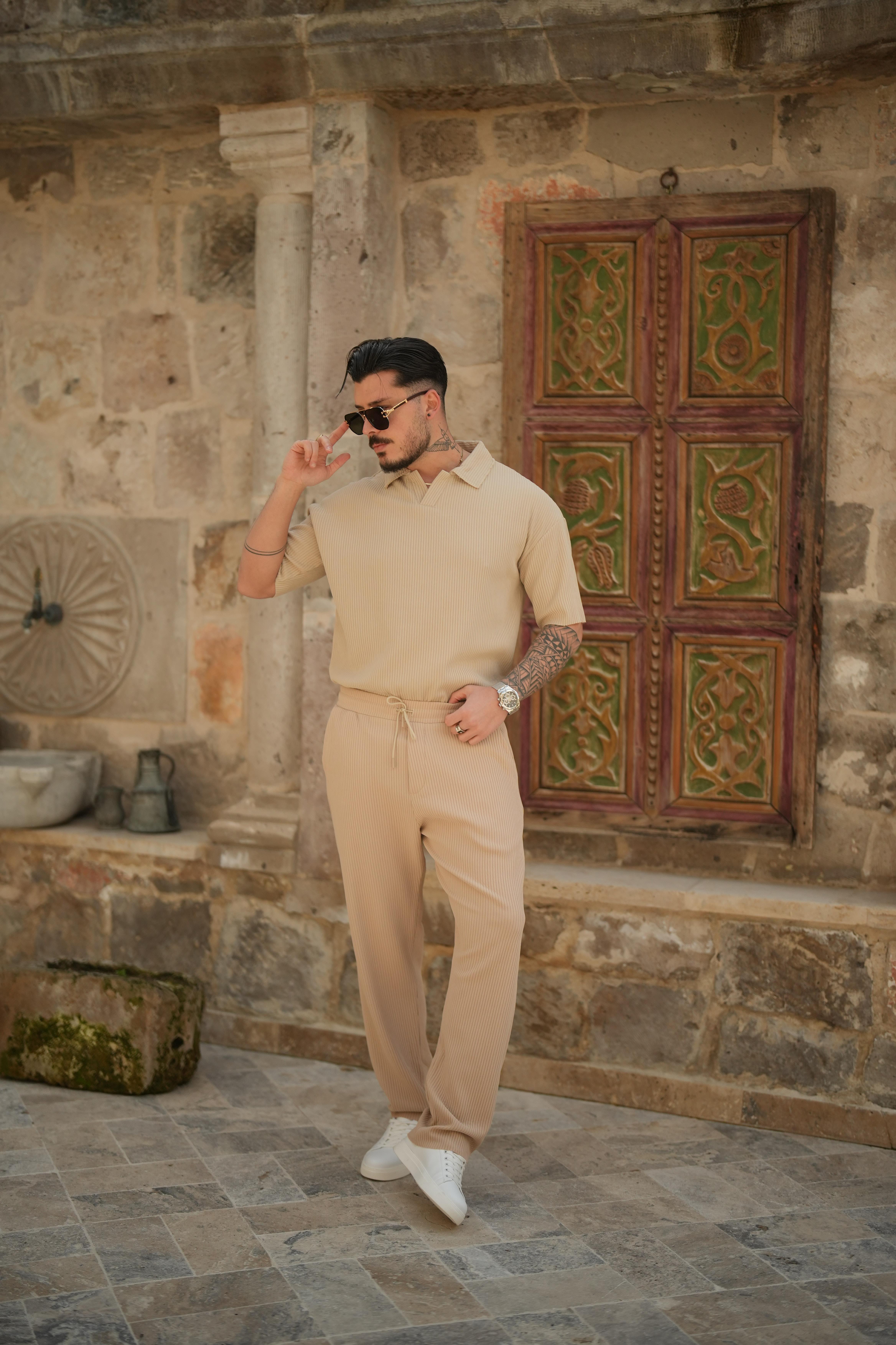 Beli Lastikli Fitilli Baggy Pantolon Bej