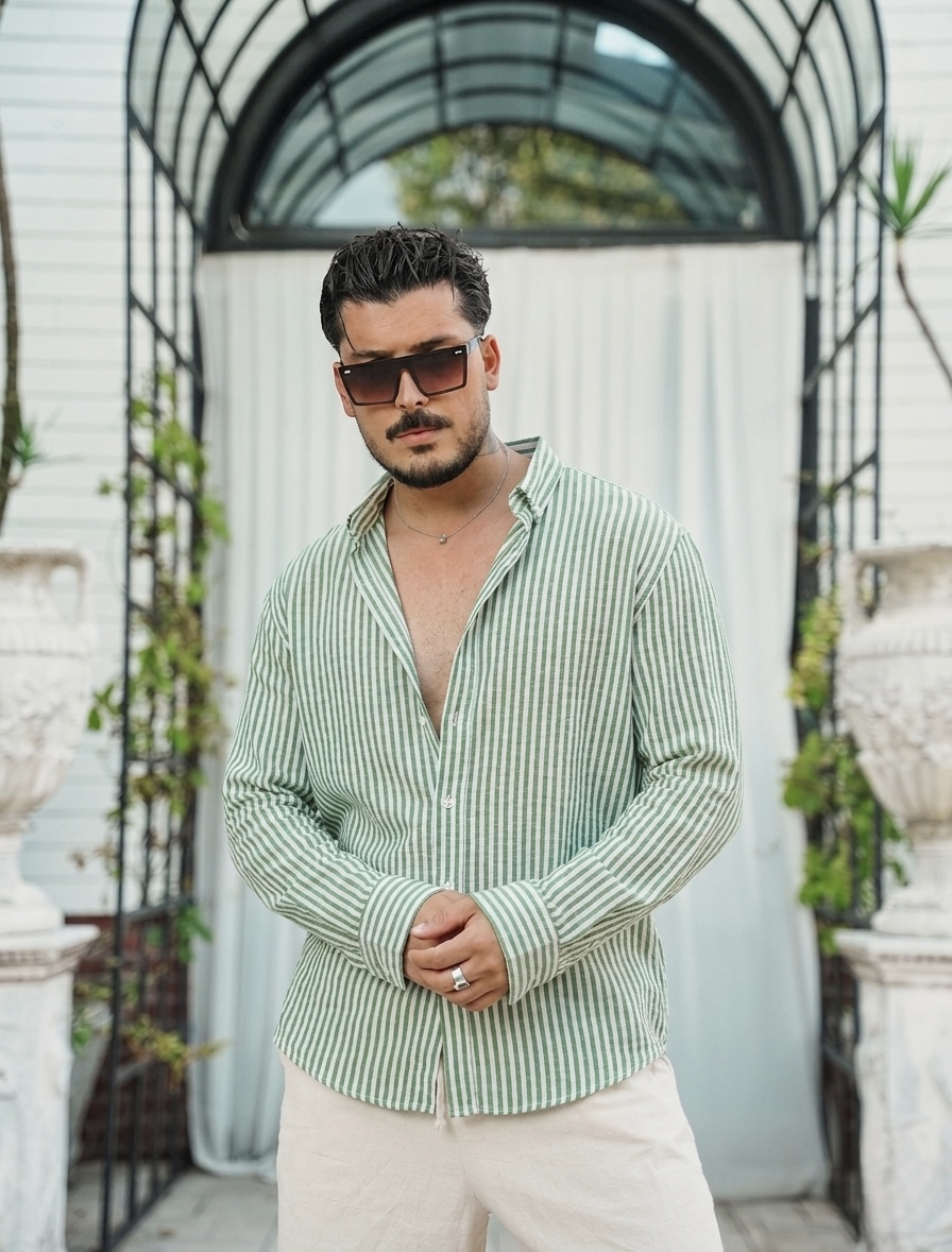 Benito Oversize Çizgili Gömlek Yeşil