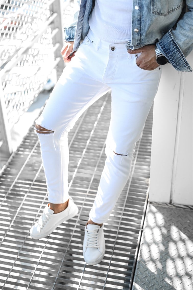 Beyaz Dizi Yırtık Skinny Jean