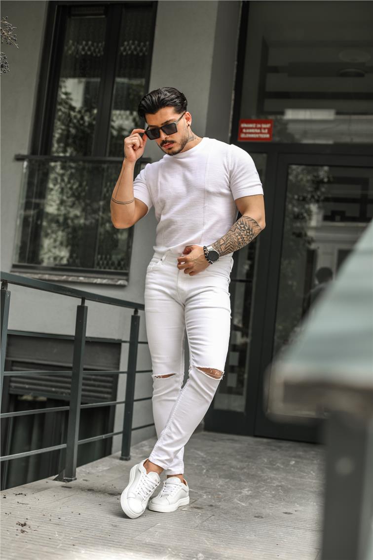 Beyaz Dizi Yırtık Skinny Jean Beyaz