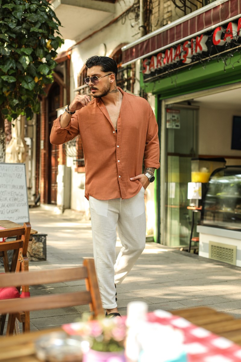 Beyaz Düğmeli Keten Oversize Gömlek