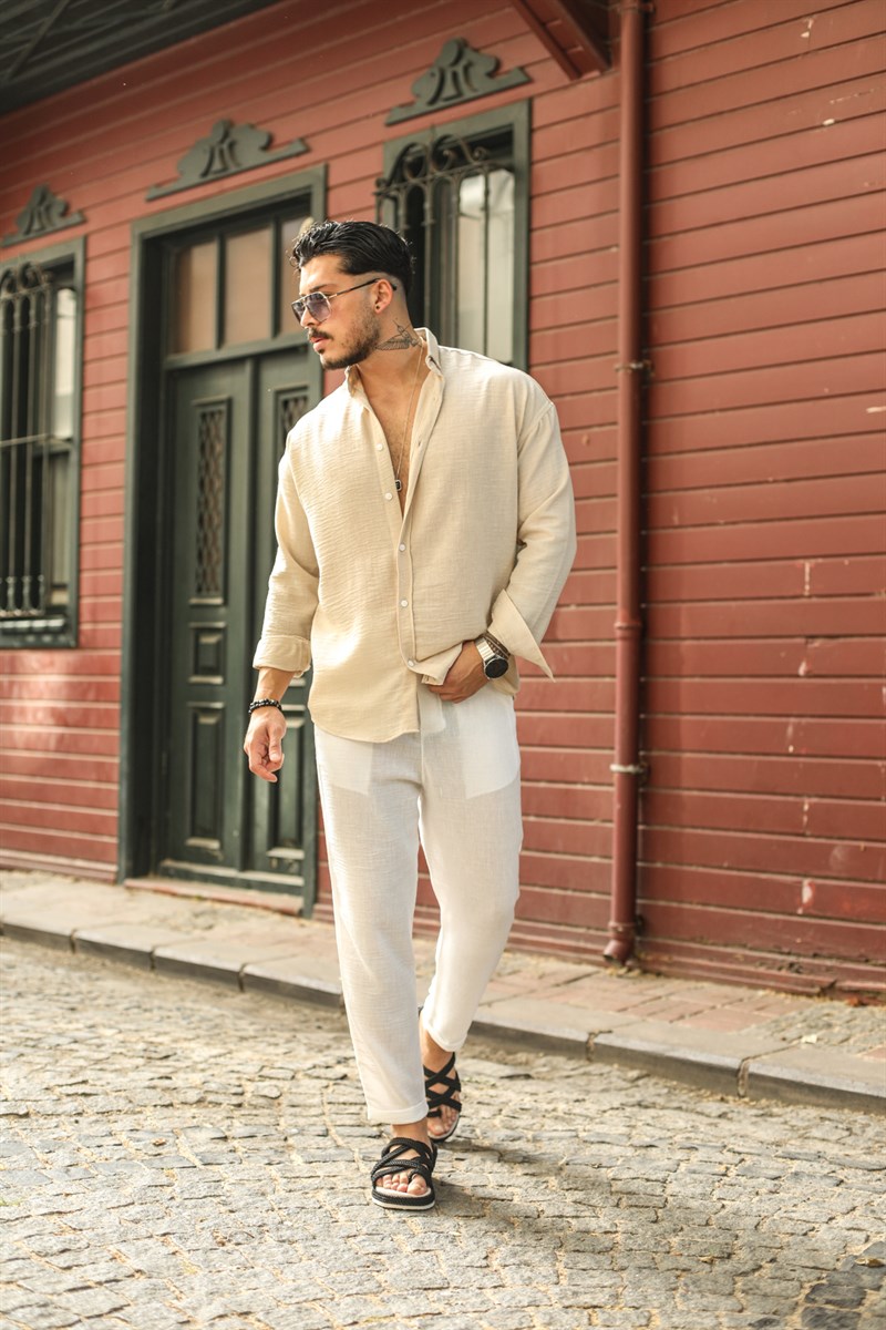Beyaz Düğmeli Keten Oversize Gömlek