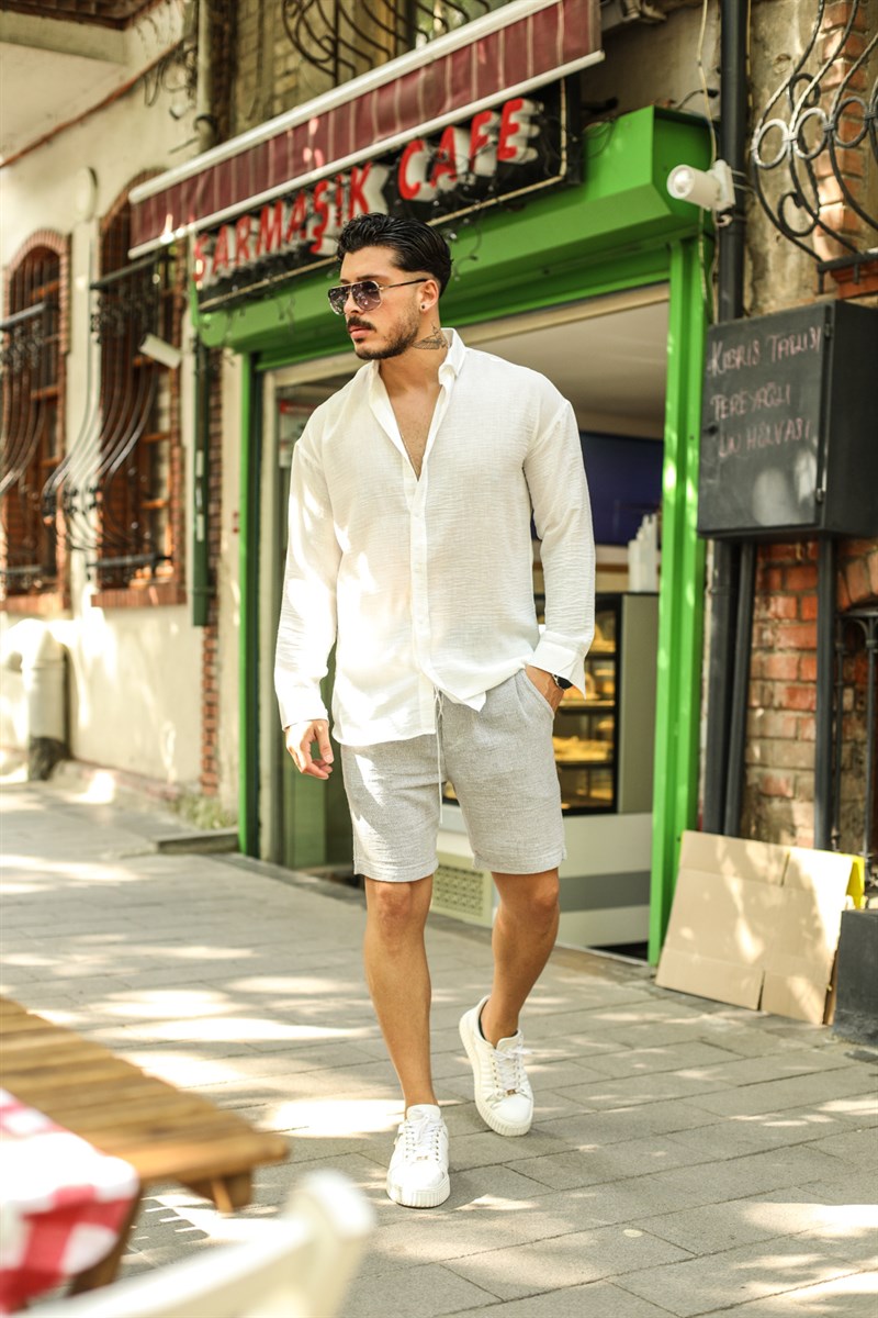 Beyaz Düğmeli Keten Oversize Gömlek