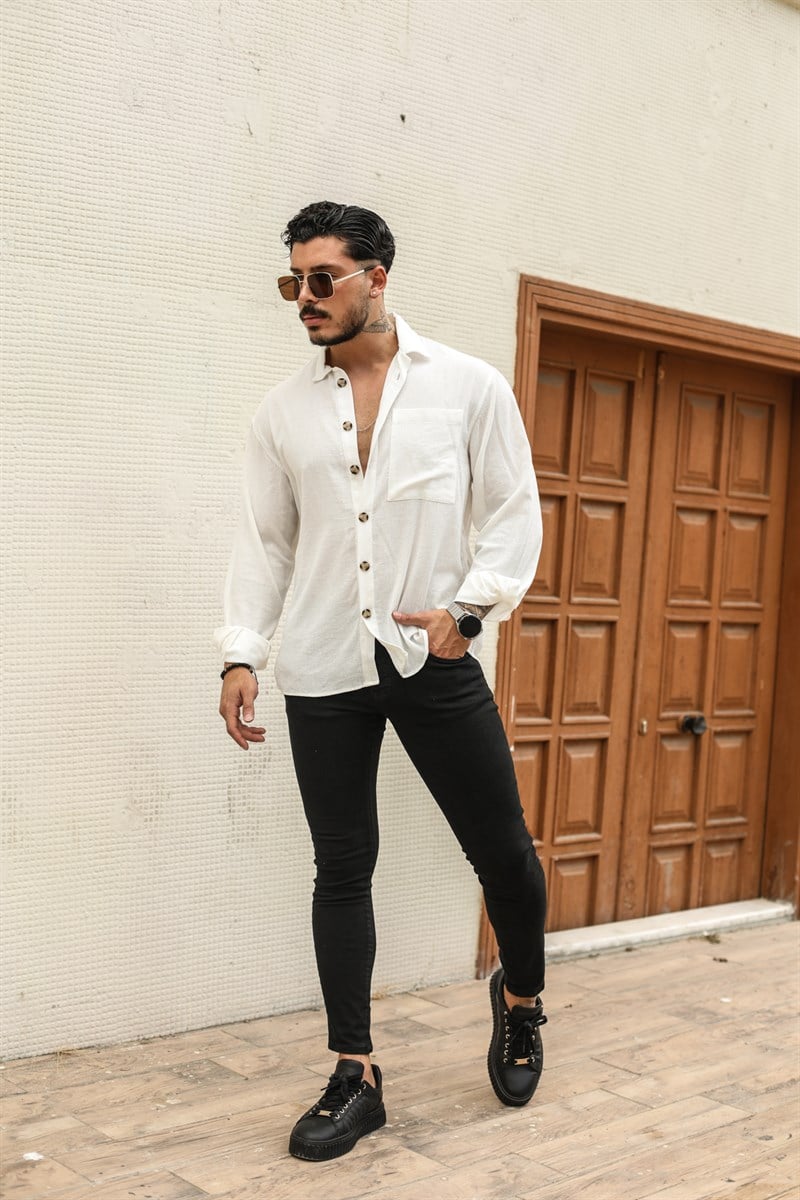 Beyaz Keten Oversize Gömlek