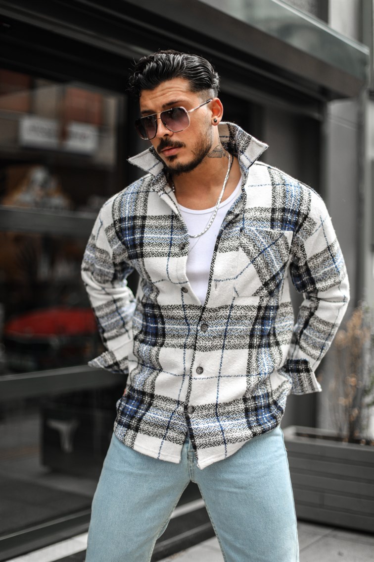 Beyaz-Lacivert Oduncu Oversize Gömlek