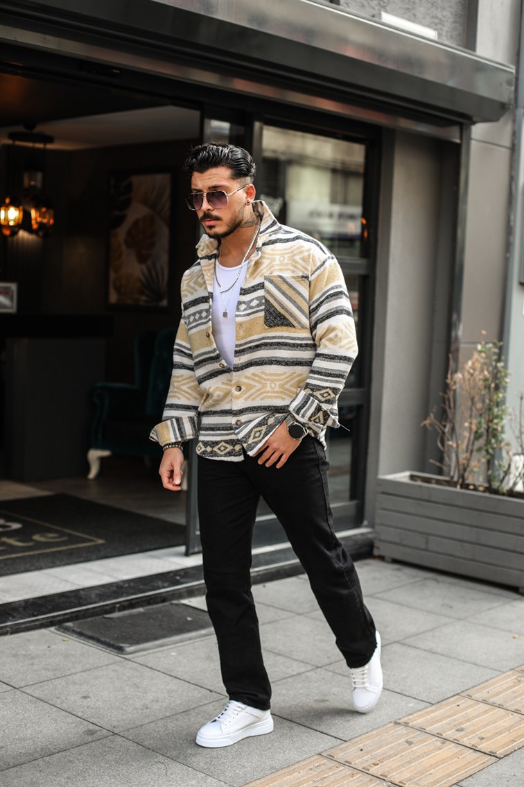 Beyaz-Sarı Oversize Oduncu Gömlek