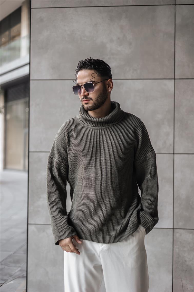 Boğazlı Örme Oversize Kazak Haki