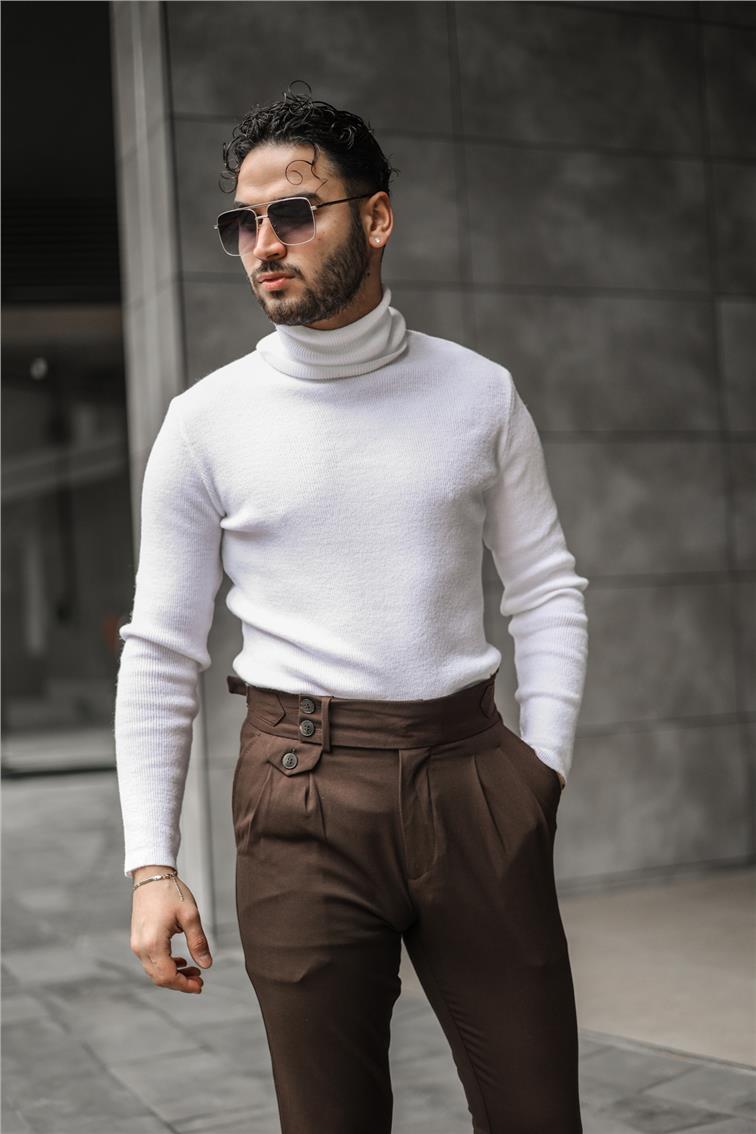 Boğazlı Slim Fit Kazak Beyaz