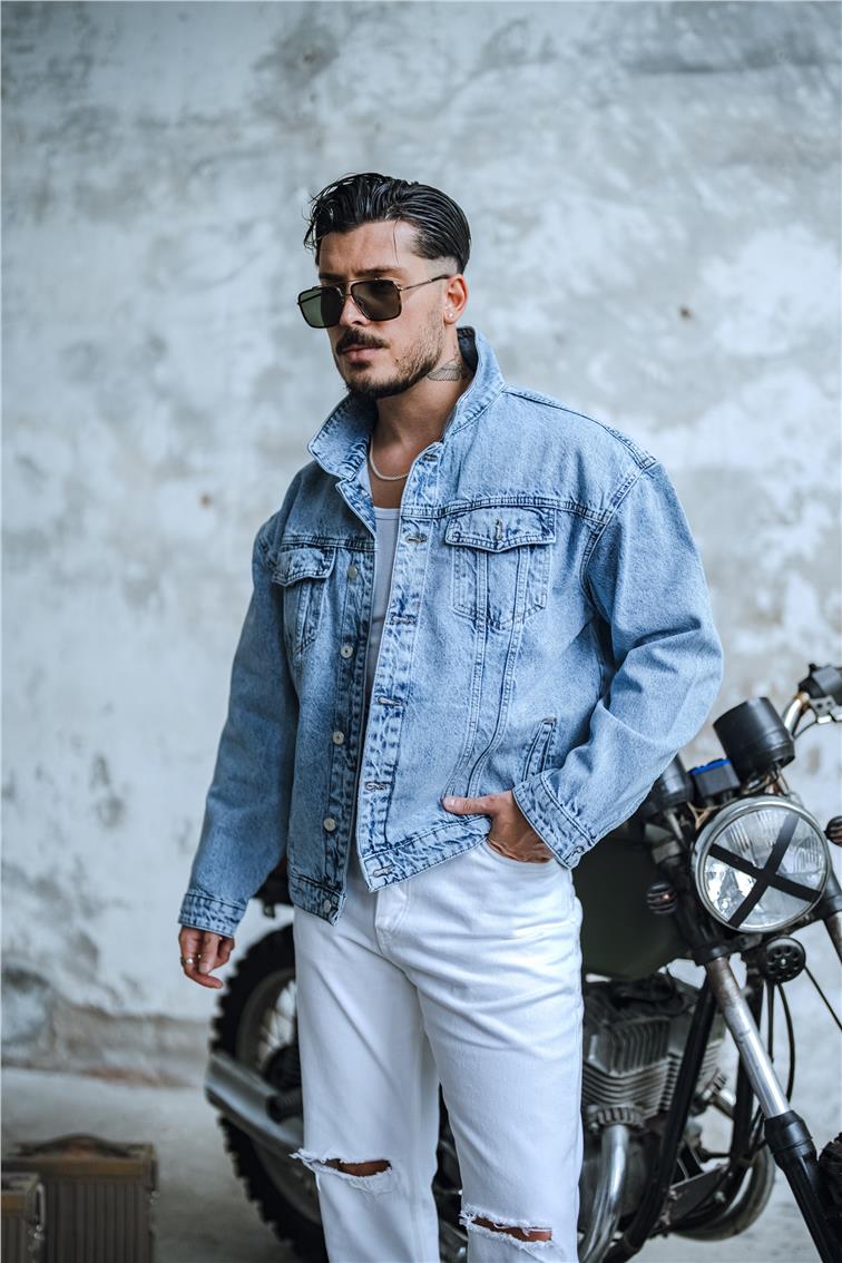 Boxy Fıt Denim Ceket Kar Yıkamalı Mavi