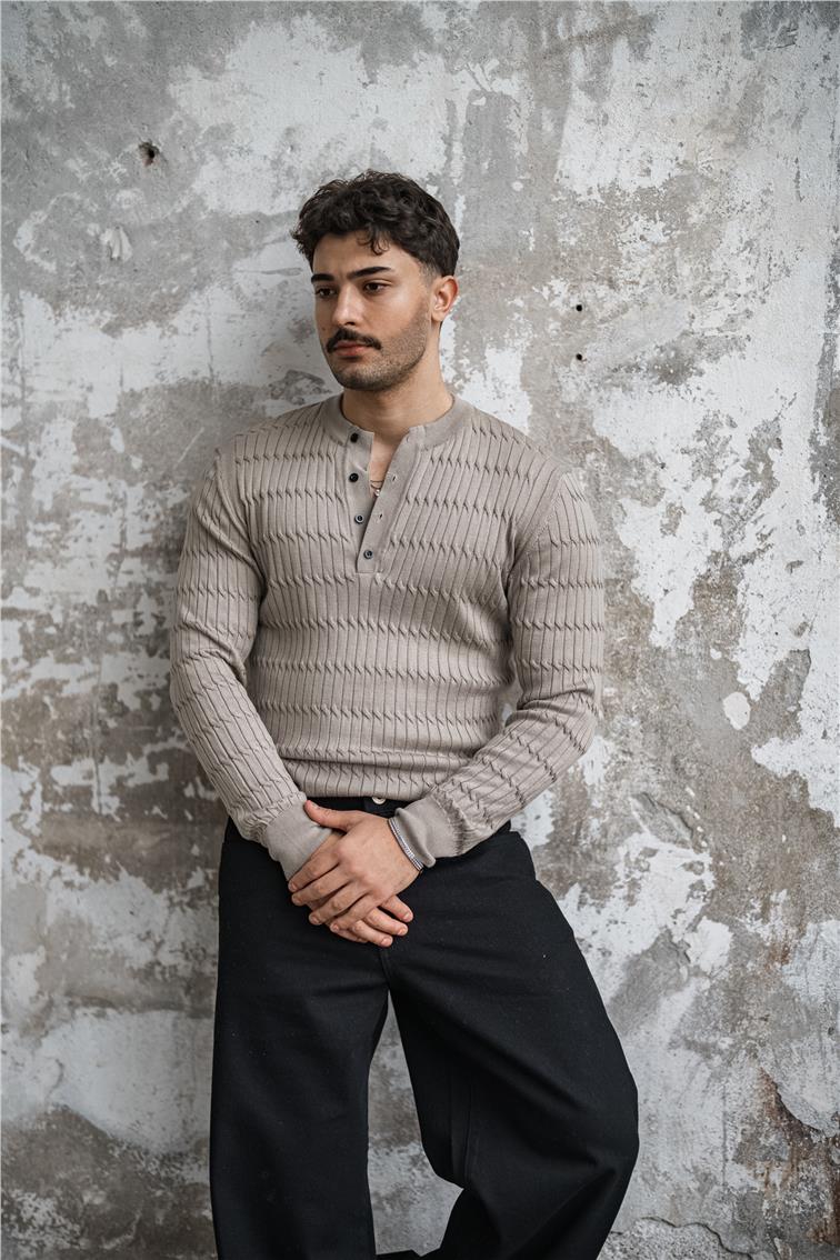 Burgulu Düğmeli Slim Fit Kazak Gri