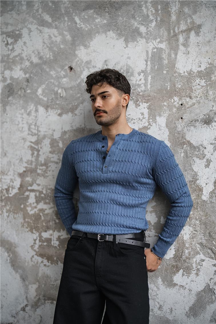 Burgulu Düğmeli Slim Fit Kazak İndigo