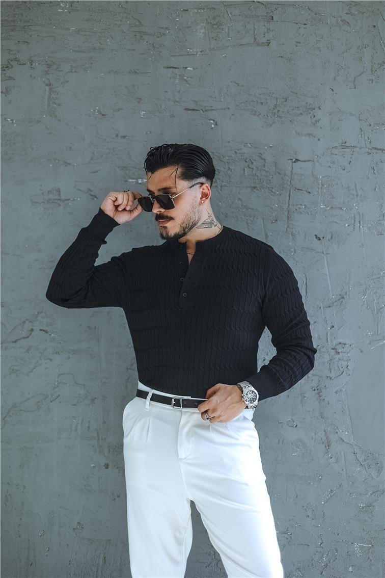 Burgulu Düğmeli Slim Fit Kazak Lacivert