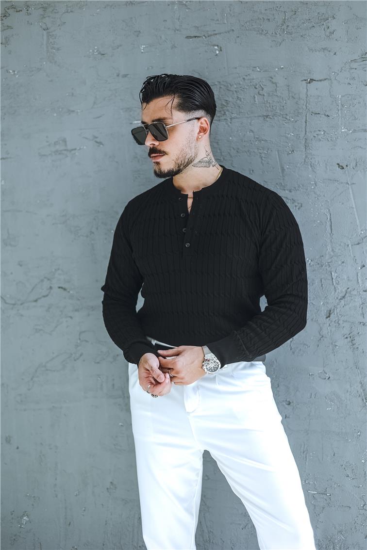 Burgulu Düğmeli Slim Fit Kazak Siyah