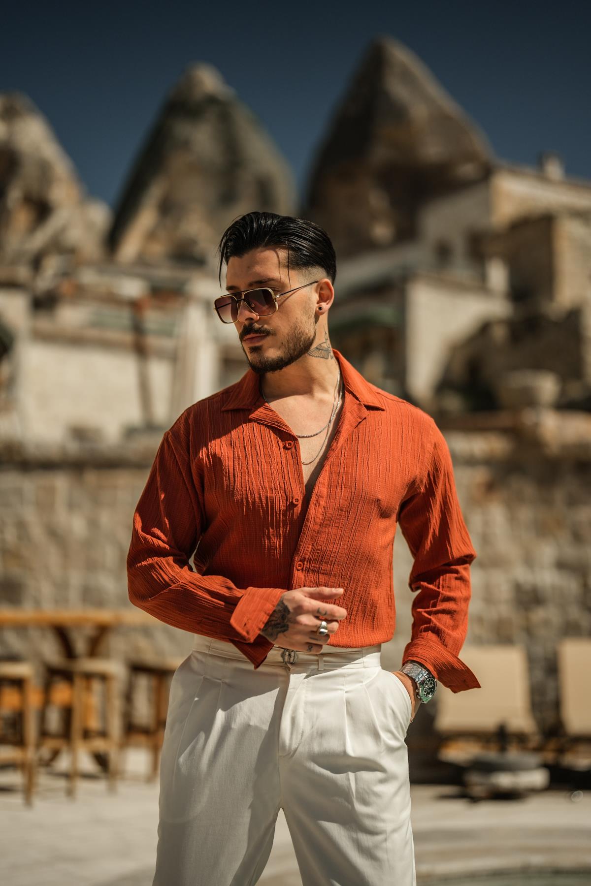 Bürümcük Kumaş Oversize Gömlek Kiremit