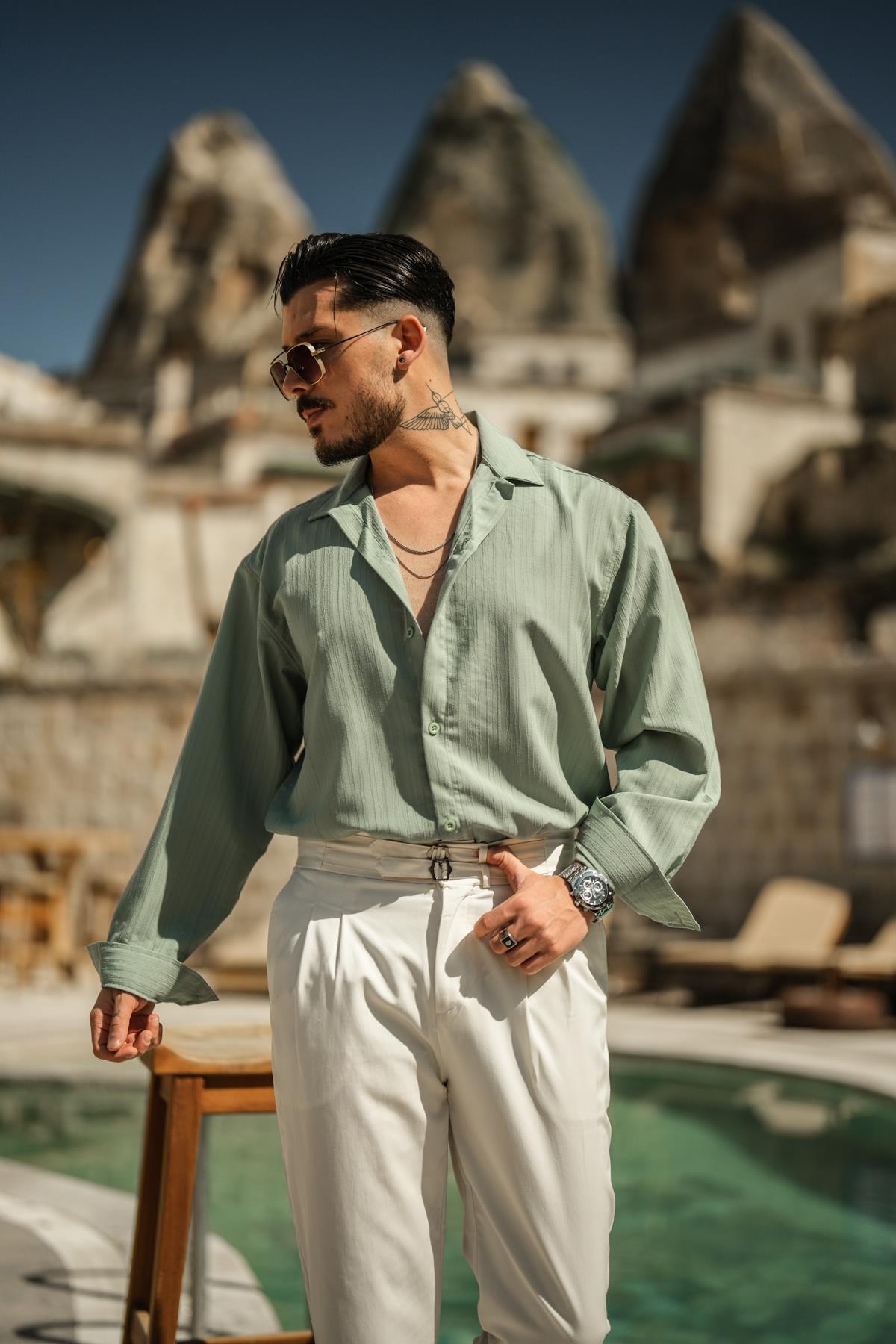 Bürümcük Kumaş Oversize Gömlek Mint