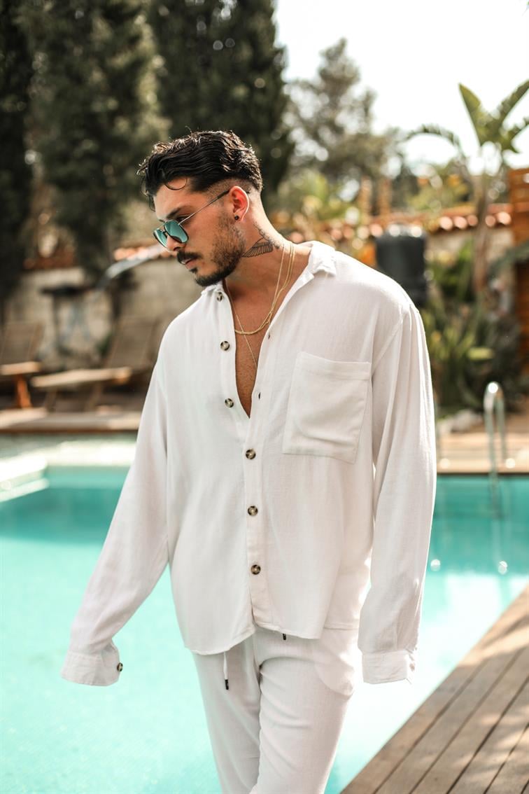 Büyük Düğmeli Keten Oversize Gömlek Beyaz
