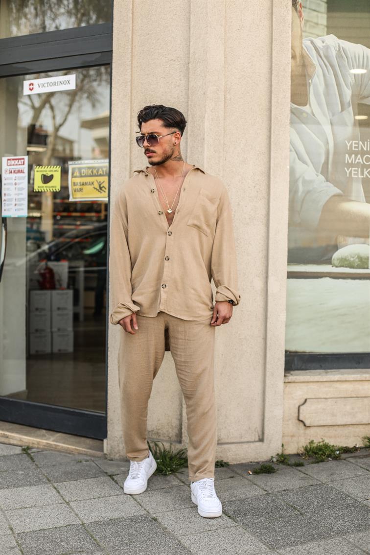 Büyük Düğmeli Keten Oversize Gömlek Camel