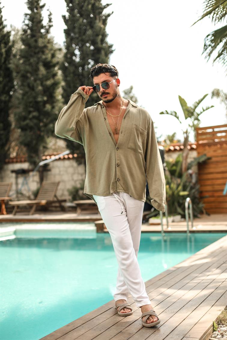 Büyük Düğmeli Keten Oversize Gömlek Haki