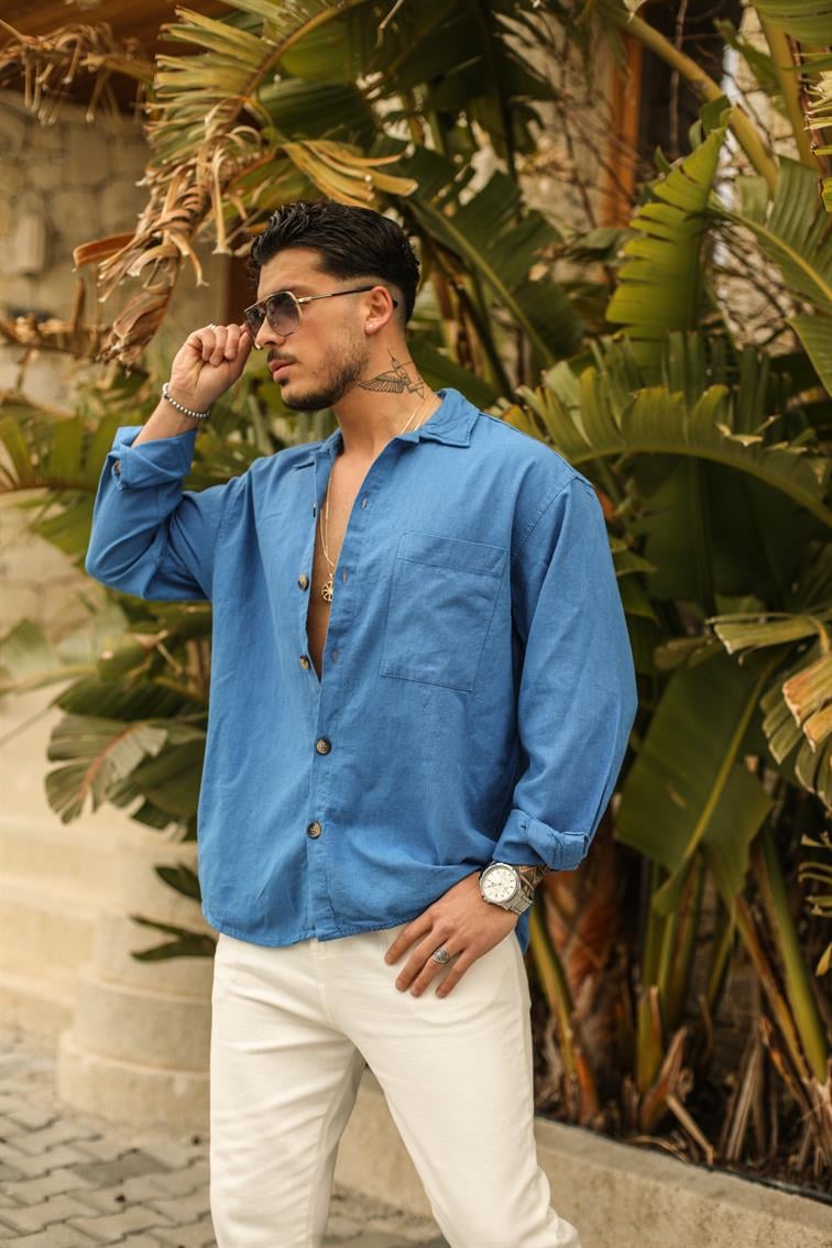 Büyük Düğmeli Keten Oversize Gömlek Mavi