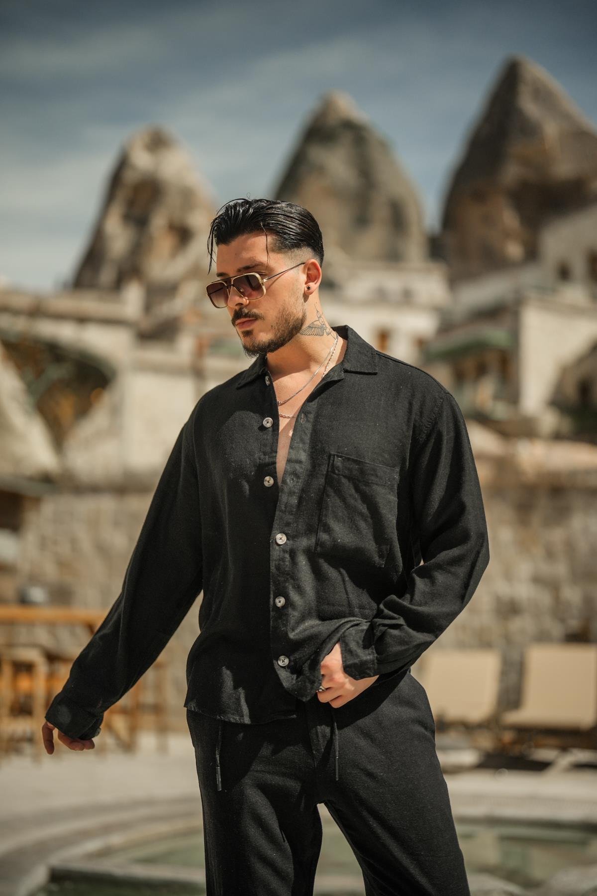 Büyük Düğmeli Keten Oversize Gömlek Siyah