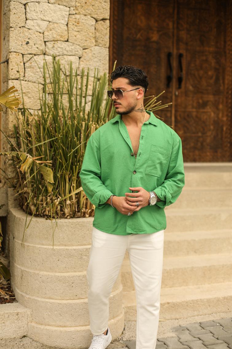 Büyük Düğmeli Keten Oversize Gömlek Yeşil