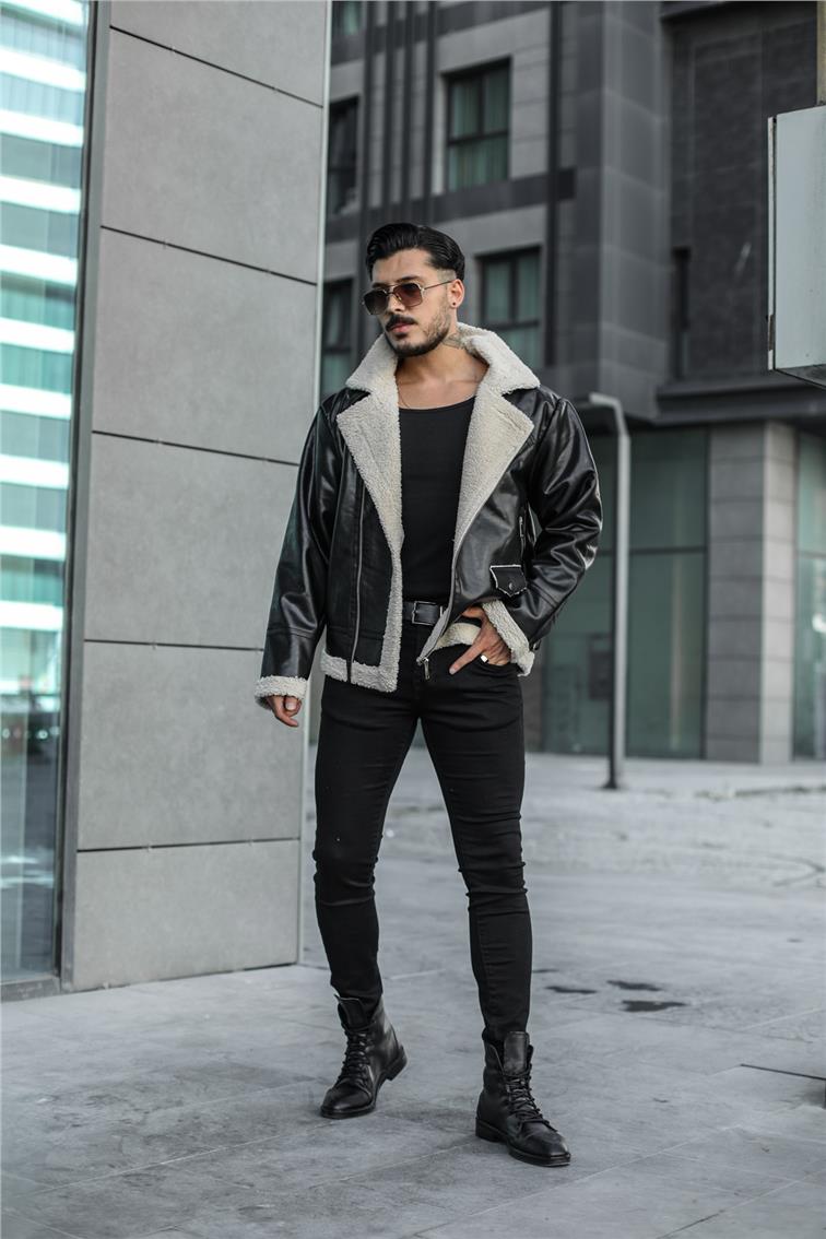 Çapraz Fermuarlı Deri Kürk Ceket/Mont Ekru