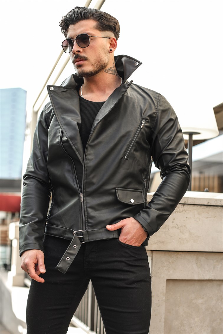 Çapraz Fermuarlı Slim Fit Deri Ceket
