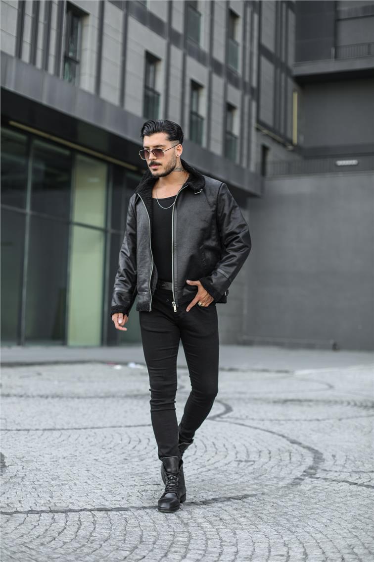 Casual Deri Kürk Fermuarlı Ceket/Mont Black