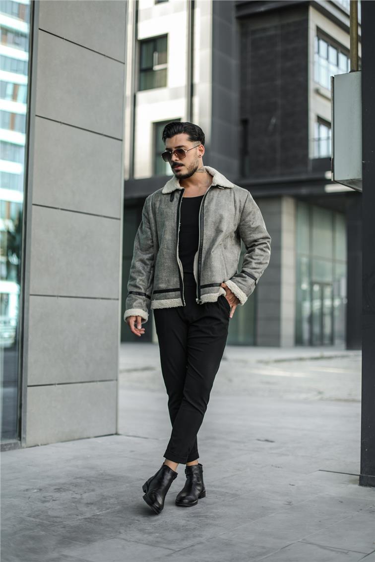 Casual Deri Kürk Fermuarlı Ceket/Mont Krem