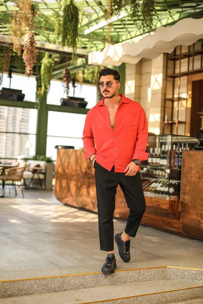 Cep Detaylı Keten Oversize Gömlek