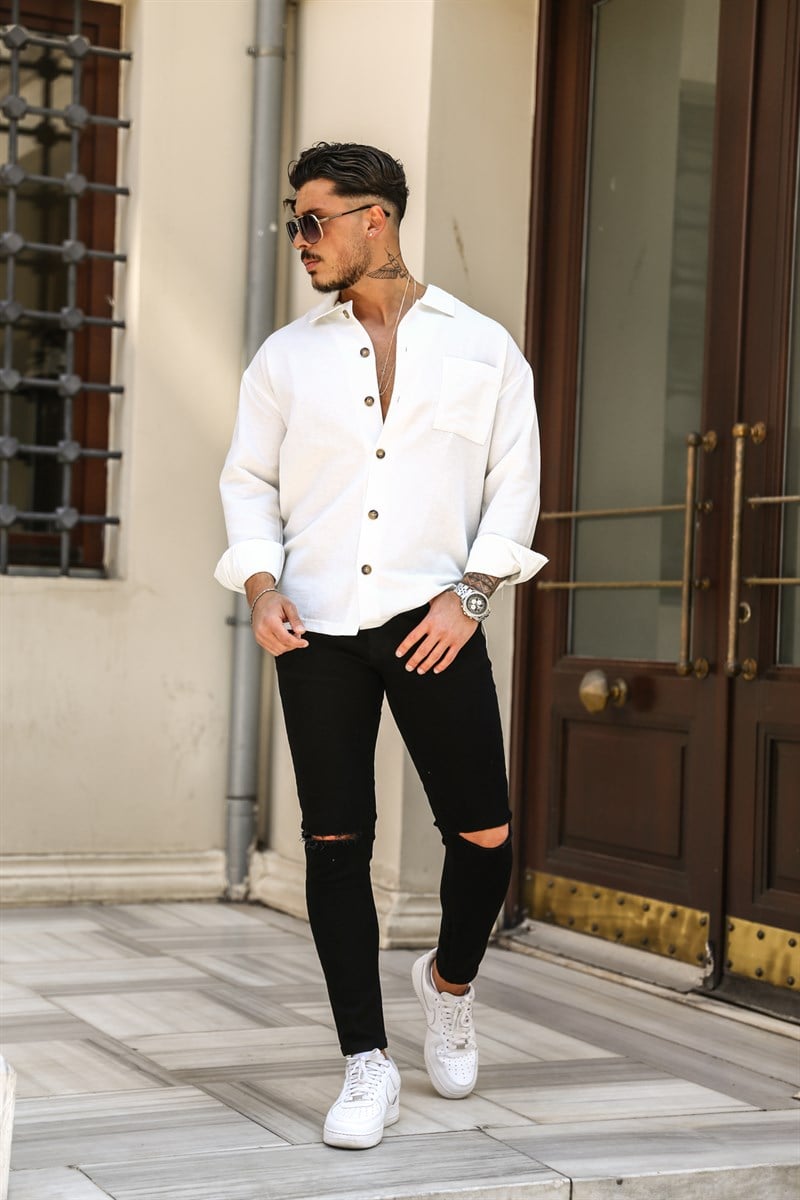 Cep Detaylı Keten Oversize Gömlek