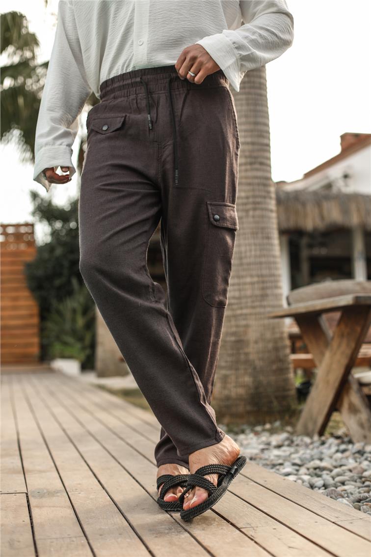 Cep Detaylı Keten Pantolon Füme