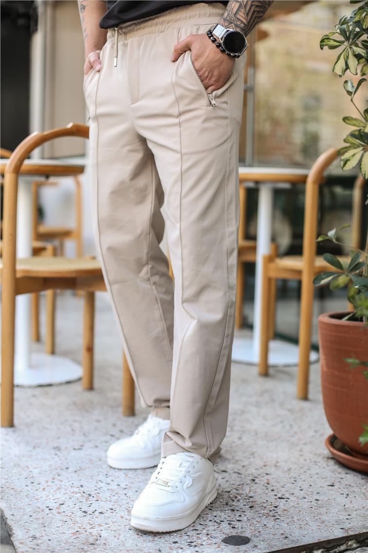 Cep Fermuarlı Baggy Pantolon Bej
