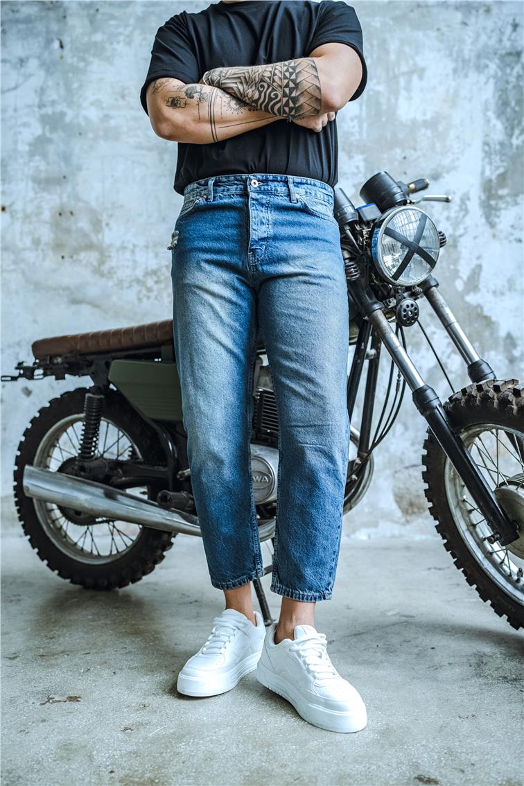 Cep Yırtıklı Boyfriend Jean Yıkamalı Mavi