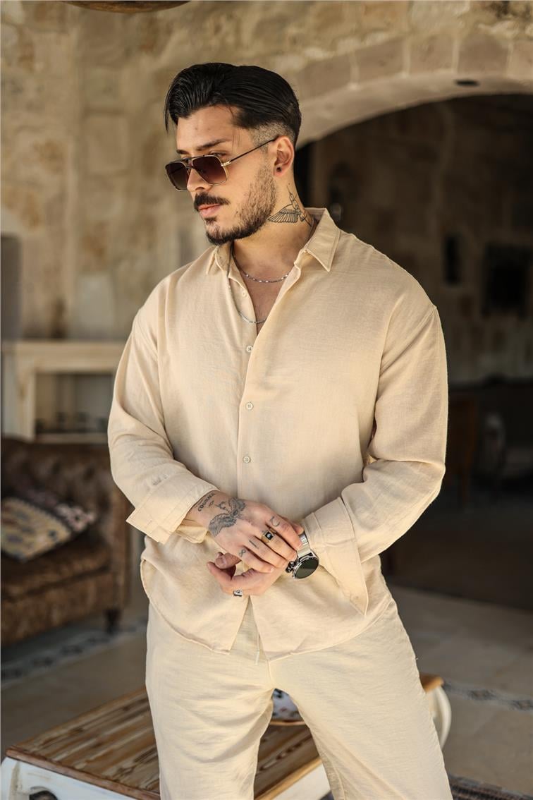 Cepsiz Keten Oversize Gömlek Bej