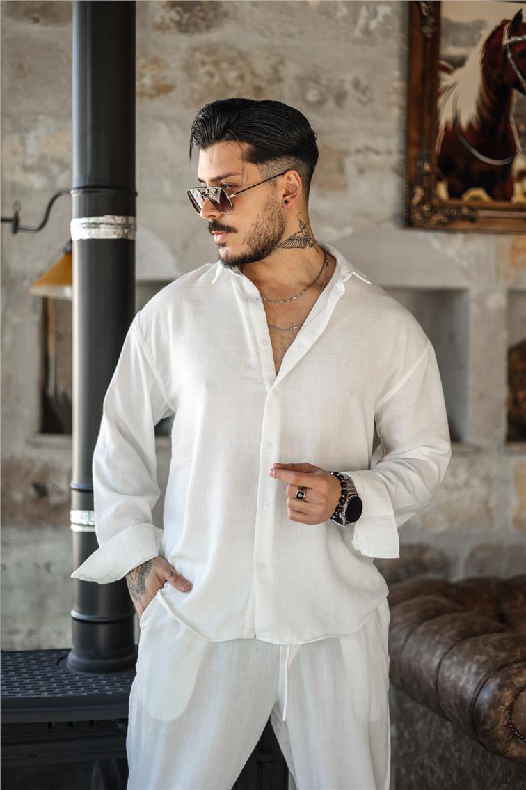 Cepsiz Keten Oversize Gömlek Beyaz