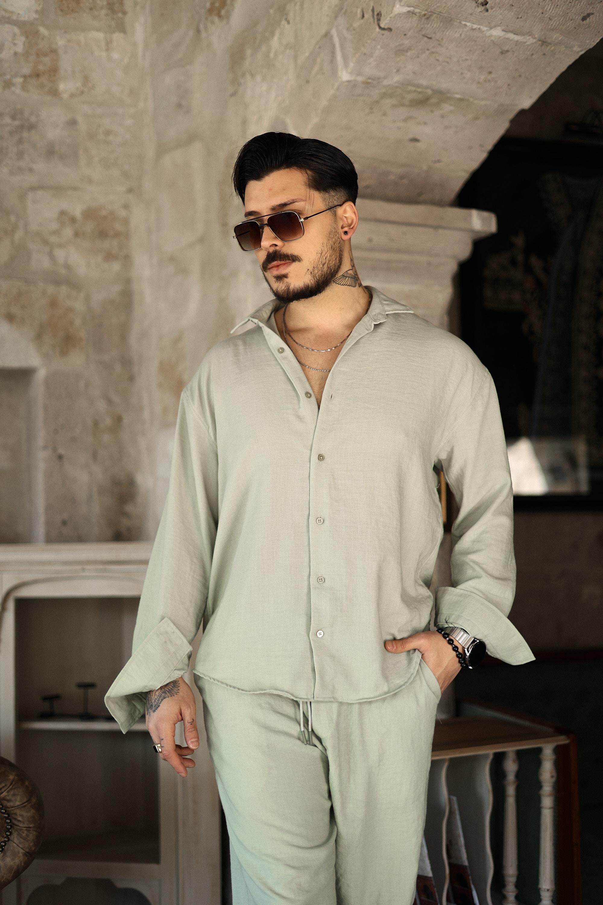 Cepsiz Keten Oversize Gömlek Mint