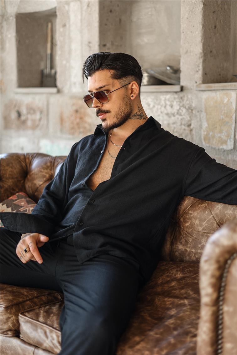 Cepsiz Keten Oversize Gömlek Siyah