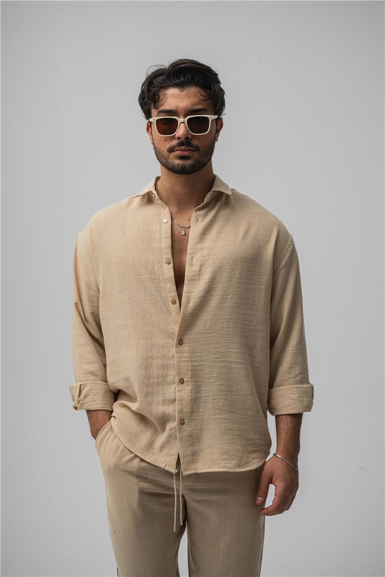 Cepsiz Keten Oversize Gömlek Vizon