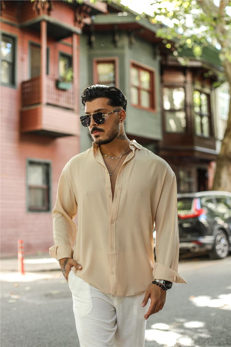 Cepsiz Uzun Kollu Oversize Gömlek Bej