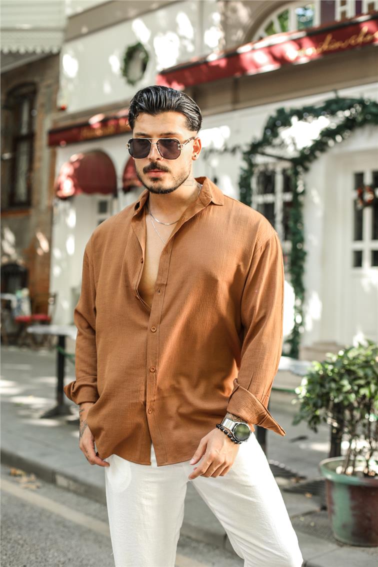 Cepsiz Uzun Kollu Oversize Gömlek Kahve