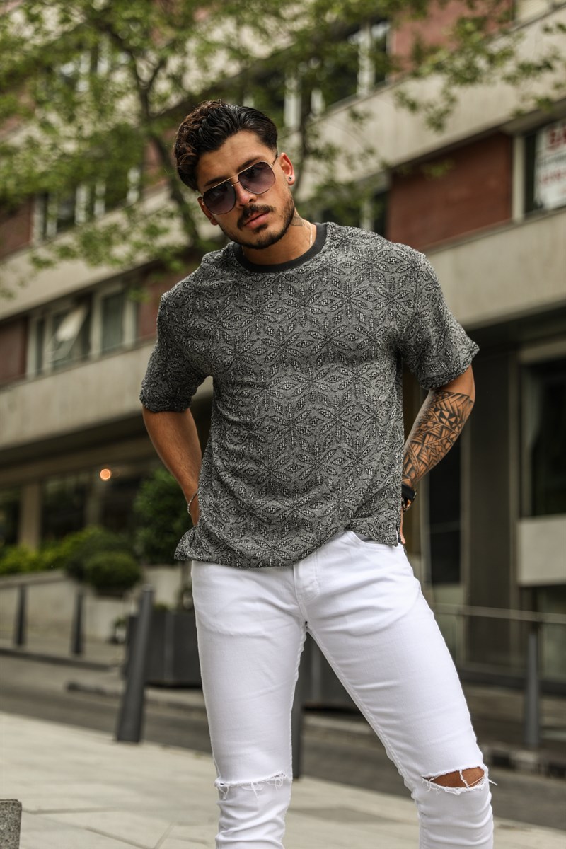 Çiçek Desenli Keten Oversize T-Shirt