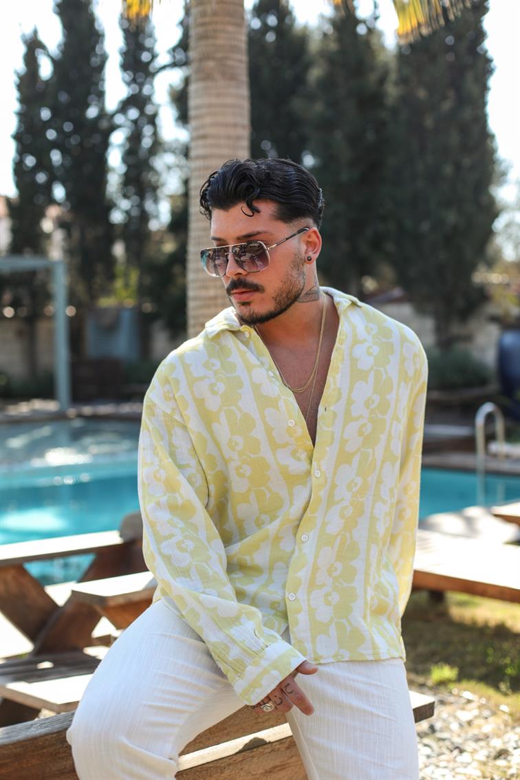 Çiçek Desenli Müslin Oversize Gömlek Sarı