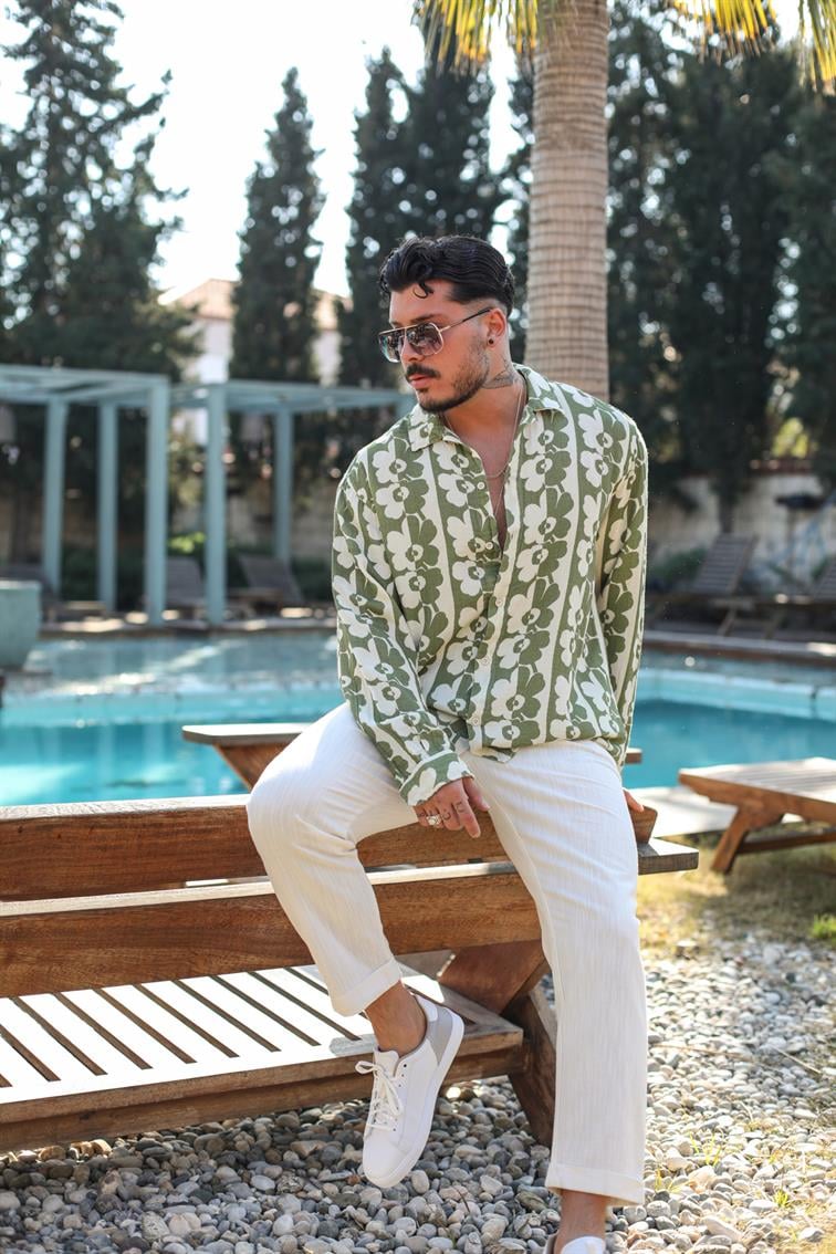 Çiçek Desenli Müslin Oversize Gömlek Yeşil