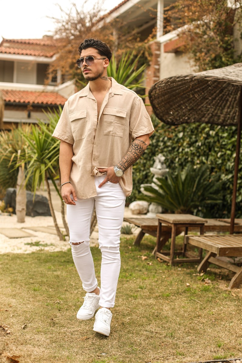 Çift Cepli Oversize Keten Gömlek